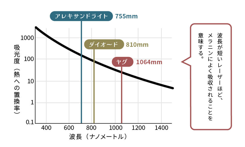 波長別：メラニン（毛根）への吸光度のグラフ